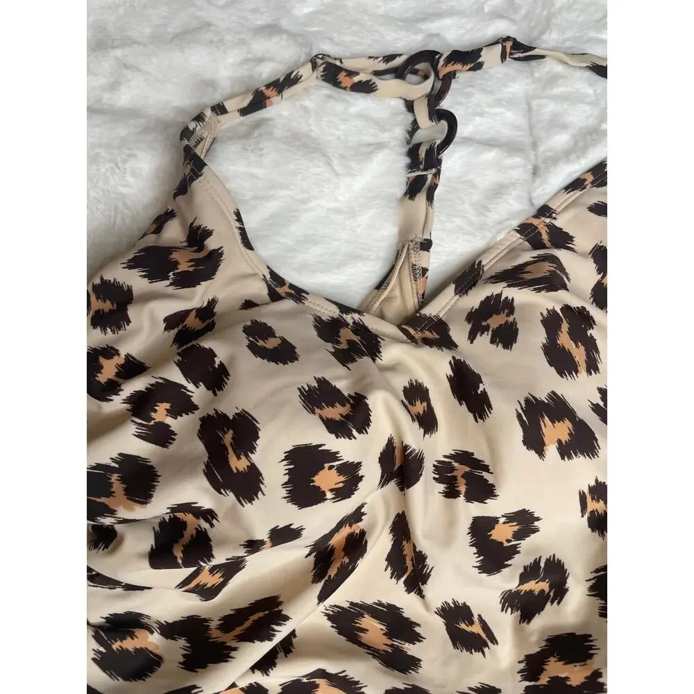 Kona Sol Leopard Print Ruched One Piece Swimsuit Side Tie Detail Size Large - Picture 4 of 8